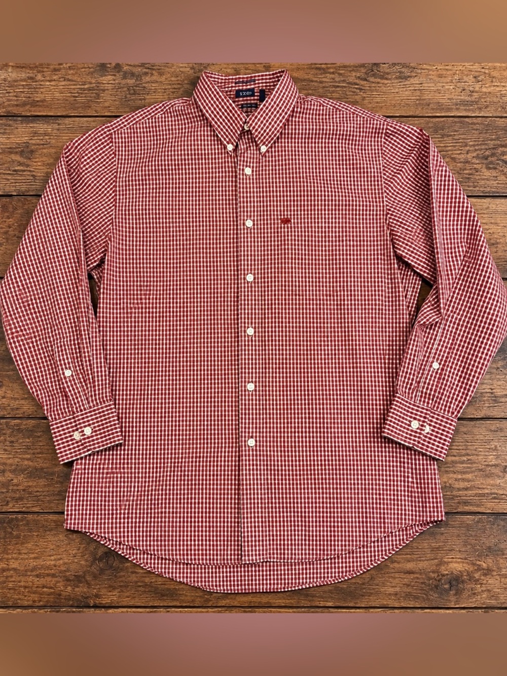 IZOD Men’s XL Button Down Shirt Red White Gingham Plaid Long Sleeve Cotton Blend